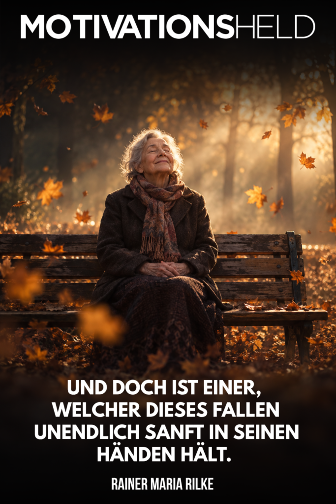Zitatbild mit Versen aus Rilkes Gedicht Herbst: Und doch ist Einer, welcher dieses Fallen unendlich sanft in seinen Händen hält.